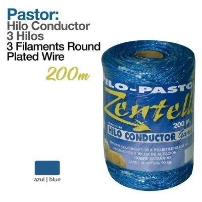 Rolo de fio condutor azul com embalagem contendo texto em espanhol