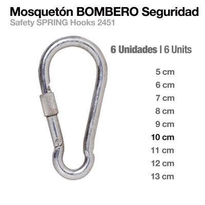 Mosquetão metálico de segurança com texto e opções de tamanho