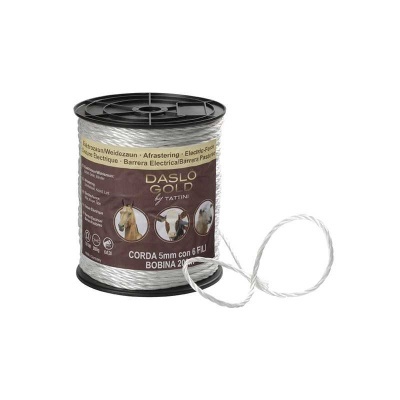 Rolo de corda elétrica branca para cerca com 6 fios em bobina preta.