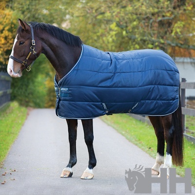 Manta azul escura acolchoada para cavalo num caminho exterior