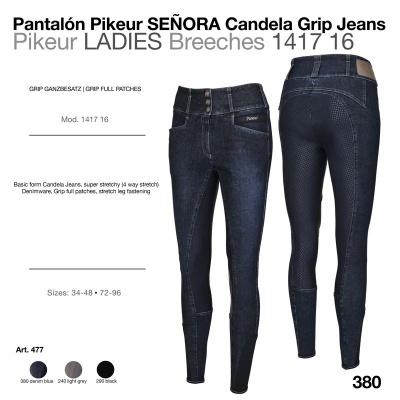 Calças jeans azuis escuras Pikeur Candela Grip Jeans para senhora com patches cinza e fecho de botão