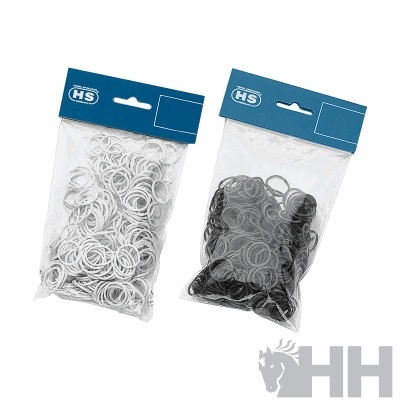 Pacotes de elásticos de cabelo preto e branco com etiquetas azuis HS