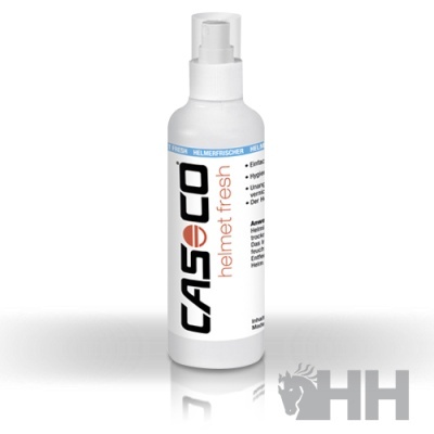 Frasco spray branco CASECO helmet fresh com texto colorido