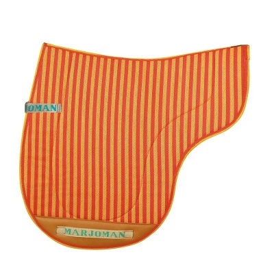 Sela de equitação listrada vermelha e amarela com etiquetas MARJOMAN