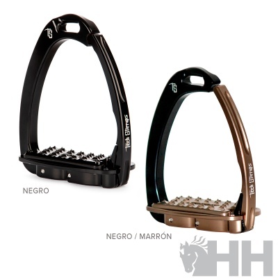 Dois estribos para equitação em preto e preto com marrom, com apoio dentado para os pés e texto 'TCA STRAPS'.