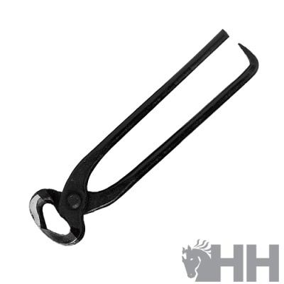 Pinça de ferrador preta em metal com cabo comprido e curva