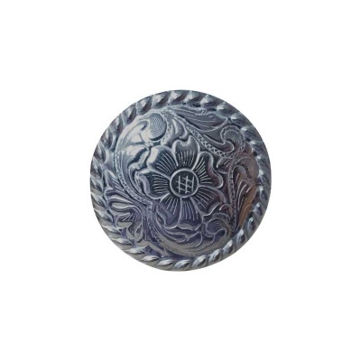 Botão redondo de metal cinza com gravura floral