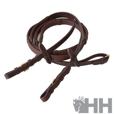 Rédea de couro castanha com fivelas douradas e costuras brancas