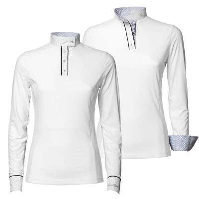 Duas camisas brancas de manga comprida com detalhes azuis no colarinho e punhos