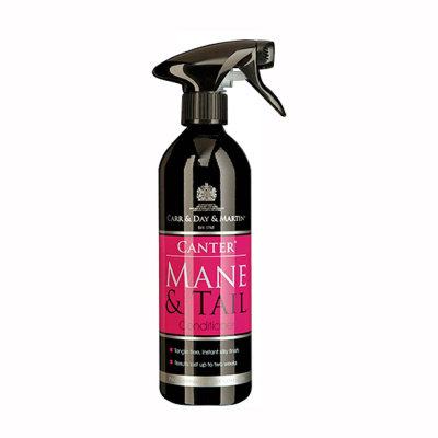 Frasco preto com spray e rótulo rosa de condicionador Canter Mane & Tail