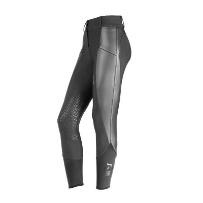 Calças de equitação pretas com painéis de couro sintético e reforço antiderrapante