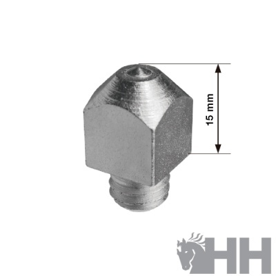 Bico de metal prateado com rosca e indicação de 15 mm