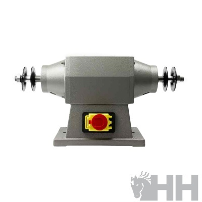 Máquina de bancada para afiação cinzenta com botão vermelho e amarelo