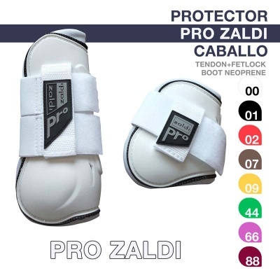 Protectores brancos Pro Zaldi para cavalo com tiras de velcro e etiquetas pretas