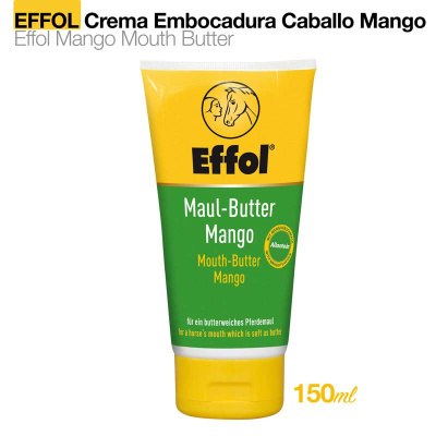Frasco amarelo e verde de creme Effol Maul-Butter Mango para cavalo