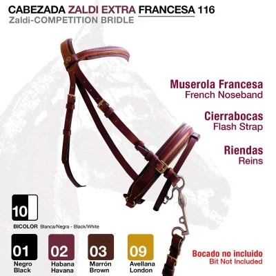 Cabeçada Zaldi Extra Francesa 116 em couro bicolor com muserola, riendas e cierrabocas