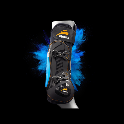 Protetor desportivo preto, azul e amarelo com fechos e texto eQuick.it