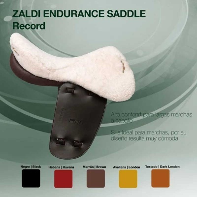 Sela de equitação Zaldi Endurance Saddle Record com revestimento felpudo branco e base castanha em couro