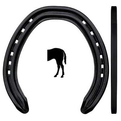 Ferradura preta de cavalo em três vistas com logotipo de cavalo