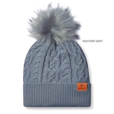 Gorro cinzento tricotado com pompom cinza claro e etiqueta Ariat