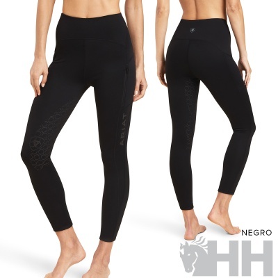 Leggings pretas femininas com padrão hexagonal e bolso lateral