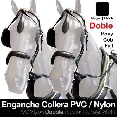 Arreio para cavalo em PVC e nylon preto com engate tipo colar e texto informativo