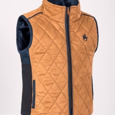 Colete acolchoado castanho com detalhes azuis e fecho de correr