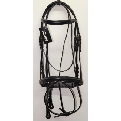 Cabresto de cavalo em couro preto com etiqueta iQubi pendurado