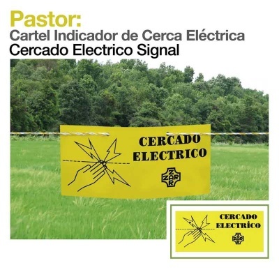 Cartaz amarelo de advertência de cerca elétrica num campo verde