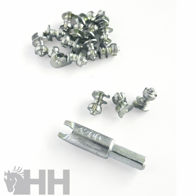 Parafusos de metal prateados com ferramenta metálica 4200 sobre fundo branco com logótipo HH