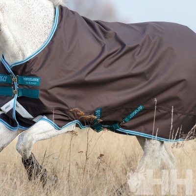 Cobertura impermeável marrom para cavalo com detalhes azuis e verdes, em ambiente exterior gramado.