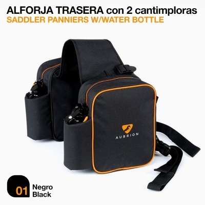 Alforja traseira preta com detalhes laranja e duas garrafas de água