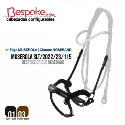 Muserola preta para cavalo em couro com texto promocional da marca Bespoke bridles e opções de cor