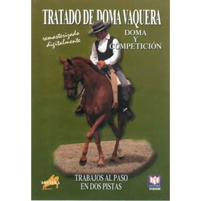 Capa de livro 'TRATADO DE DOMA VAQUERA' com cavaleiro em cavalo castanho