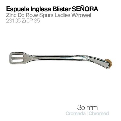 Espuela inglesa cromada em metal prateado com 35 mm e texto descritivo