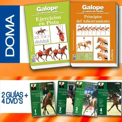Dois livros sobre equitação com capas verde e laranja e quatro DVDs verdes numerados de 1 a 4 sobre fundo laranja.