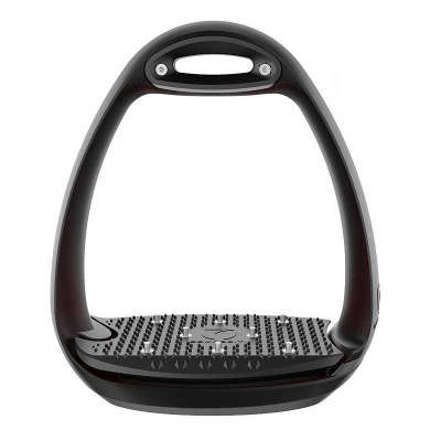 Estribo para cavalo preto com base antiderrapante e pega oval.