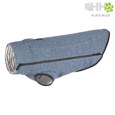 Casaco para cão azul cinzento com fecho preto e forro riscado