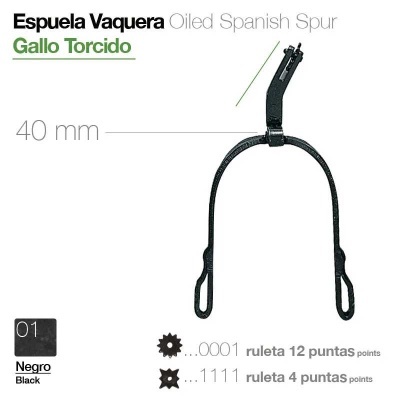 Espora vaqueira espanhola oleada preta com 40 mm e roletas de 12 e 4 pontas em fundo branco