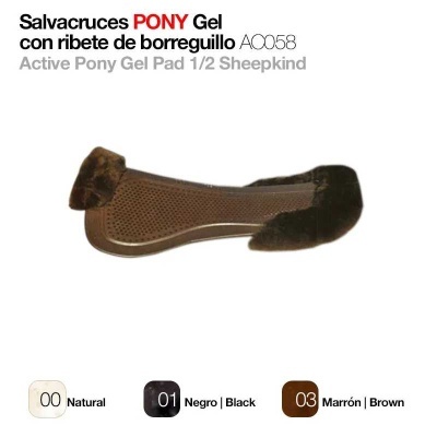 Salva-cruces Pony Gel com rebordo de borreguillo e texto descritivo em várias cores