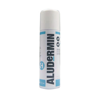 Frasco de produto ALUDERMIN com tampa branca e rótulo azul e branco