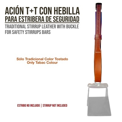Correia de couro castanho com fivela para estribo de segurança com texto em espanhol e inglês