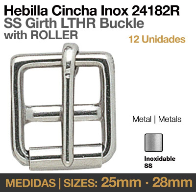 Fivela de cincha em inox prateada com texto informativo
