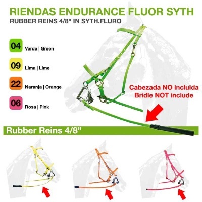 Rédeas em borracha fluor de várias cores com texto promocional e aviso de que cabeçada não está incluída