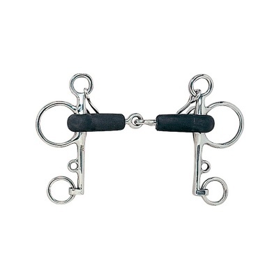 Freio de equitação em metal com peças negras sobre fundo branco
