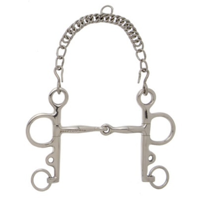 Freio de metal prateado para equitação com corrente e argolas