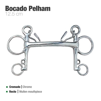 Bocado Pelham cromado de 12,5 cm com argolas em fundo branco