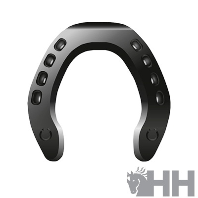 Suporte em ferradura metálica preta com orifícios e logótipo HH