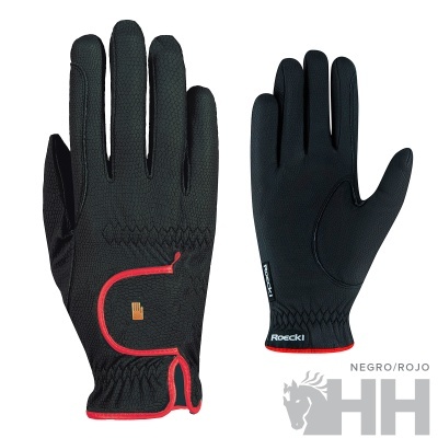 Par de luvas pretas com detalhes vermelhos e texto Roecki
