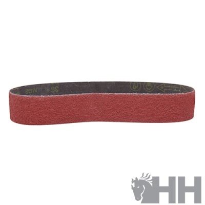 Cinta abrasiva vermelha e preta com inscrição amarela e logótipo cinzento HH